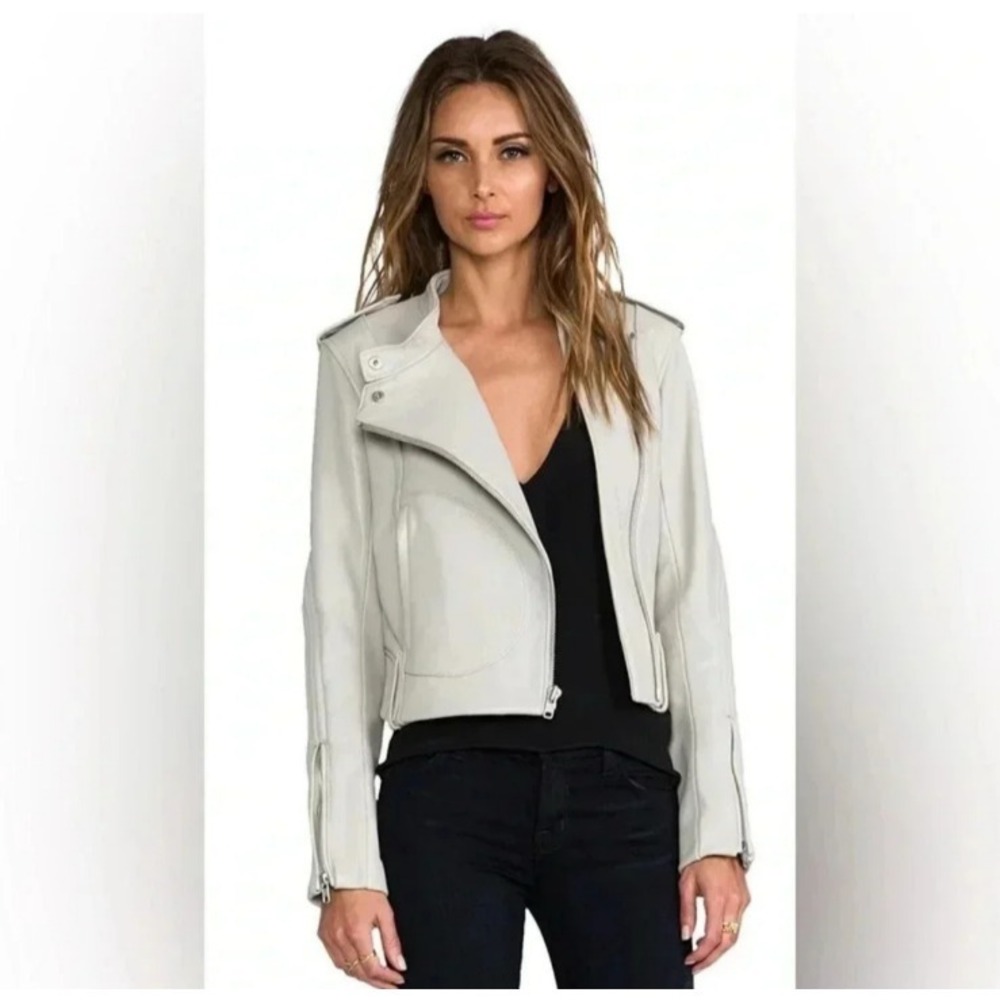Theory Katiana Cropped Moto Jacket Gray Chino Lambskin Asymmetric Zip SZ 8